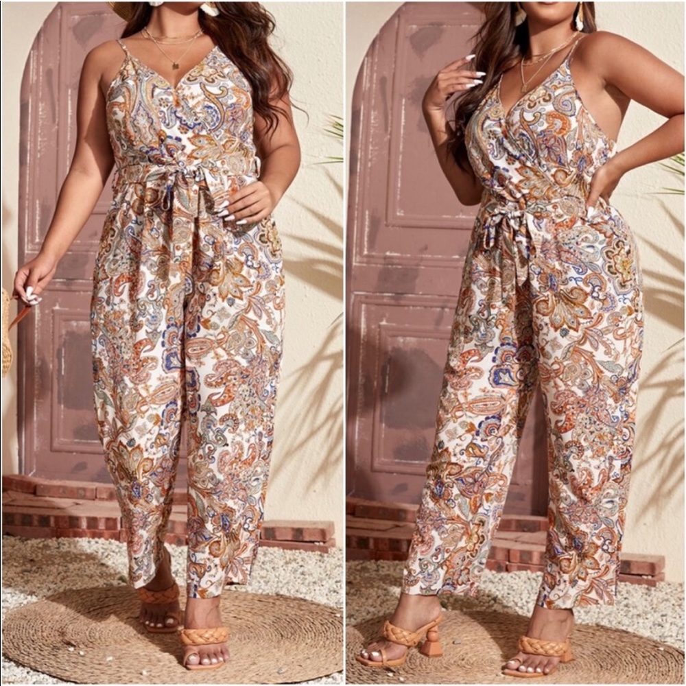 Boho Plus Size Paisley Floral Print Belted Cami Jumper Jumpsuit - Picture 1 of 9